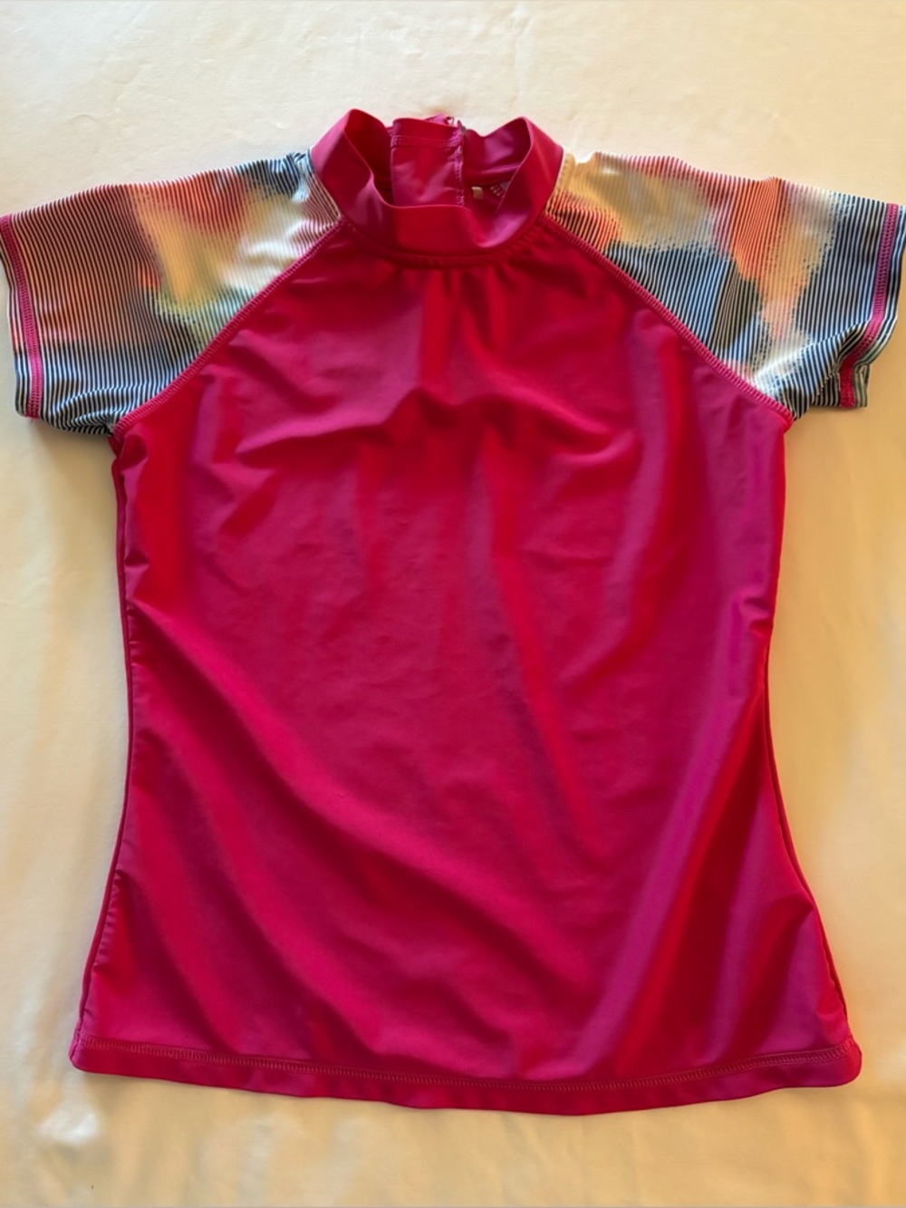 Eddie Bauer Kids Swim Rashguard - Hot Pink with Multicolor Striped Sleeves